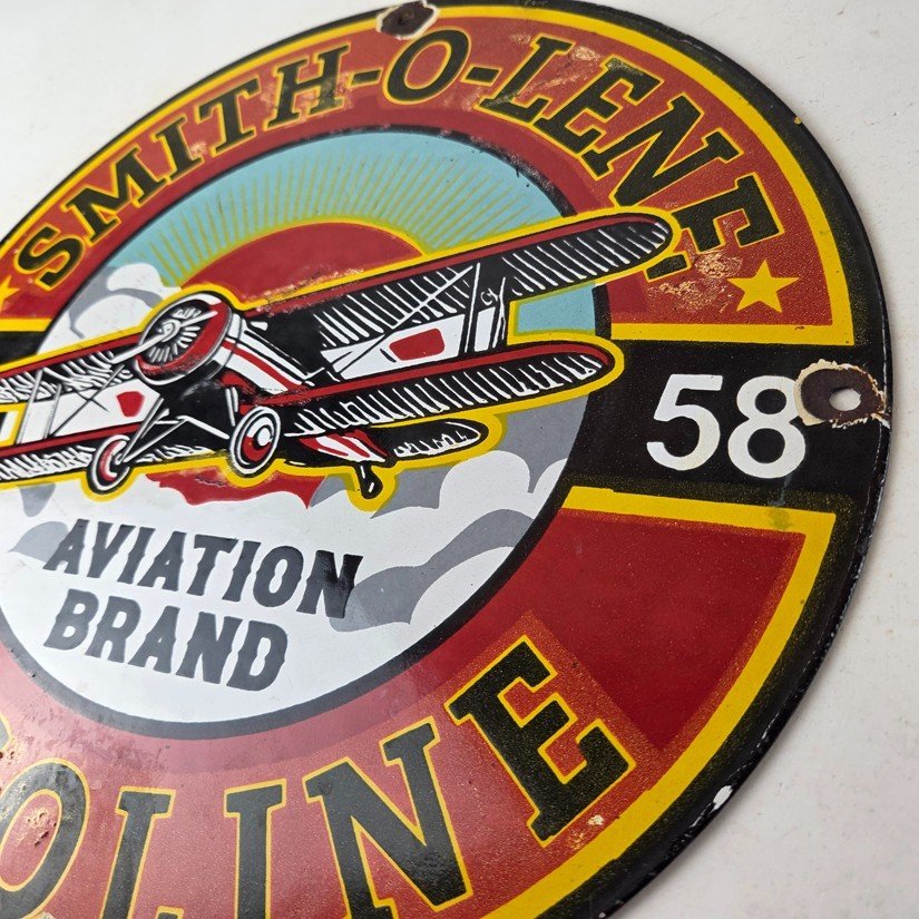 Vintage Porcelain Smitholene Gasoline Sign - Aviation Service Gas Pump Sign - Image 13