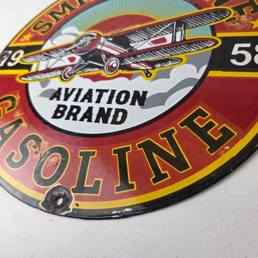 Vintage Porcelain Smitholene Gasoline Sign - Aviation Service Gas Pump Sign - Image 14
