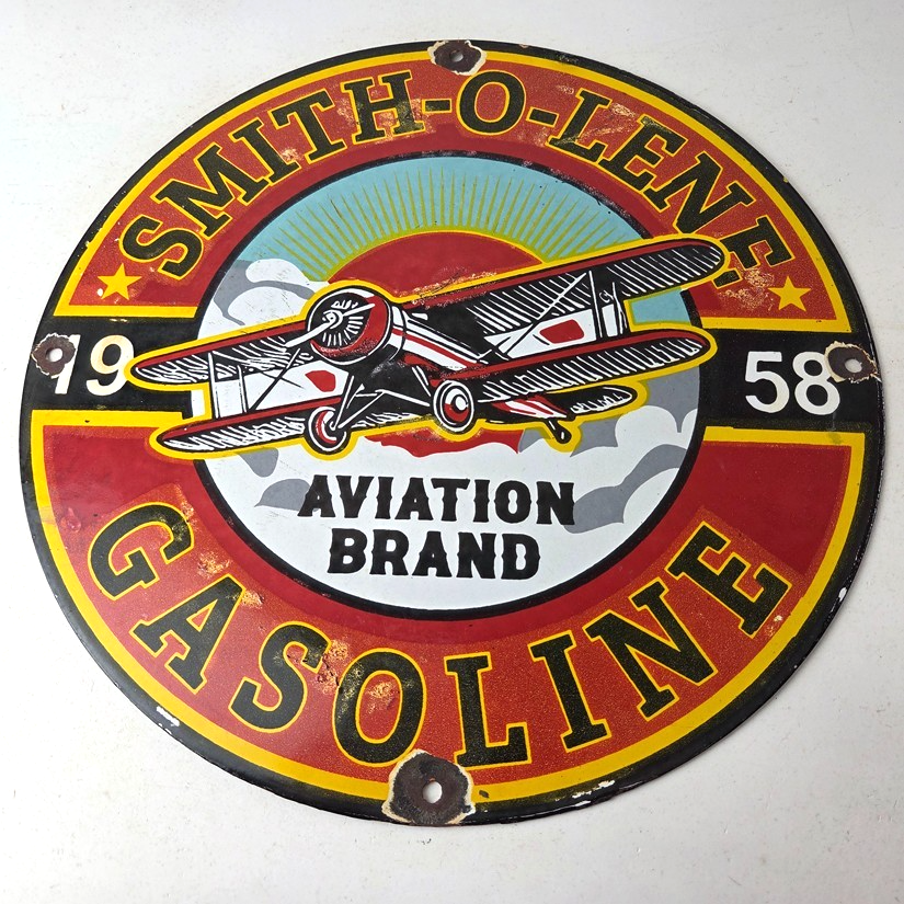 Vintage Porcelain Smitholene Gasoline Sign - Aviation Service Gas Pump Sign - Image 15