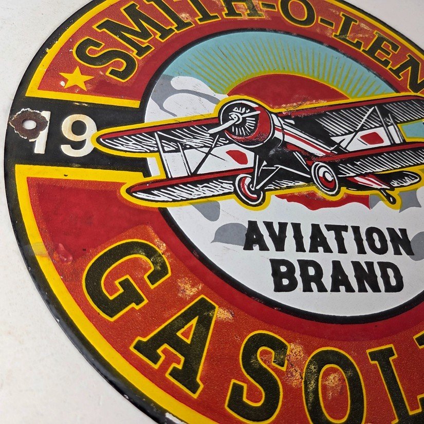 Vintage Porcelain Smitholene Gasoline Sign - Aviation Service Gas Pump Sign - Image 6