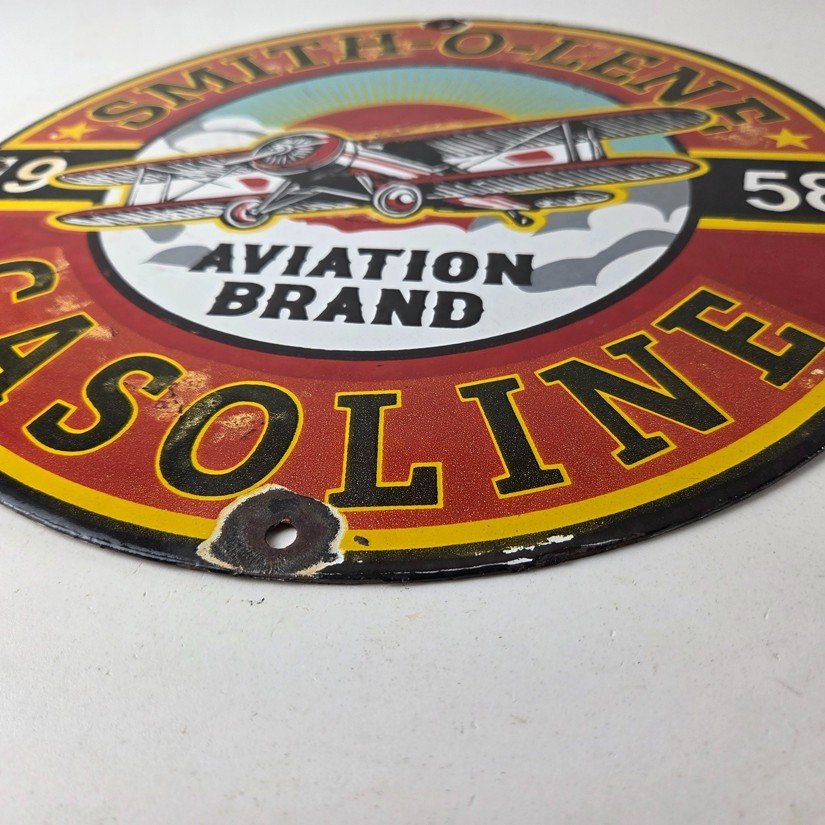 Vintage Porcelain Smitholene Gasoline Sign - Aviation Service Gas Pump Sign - Image 10