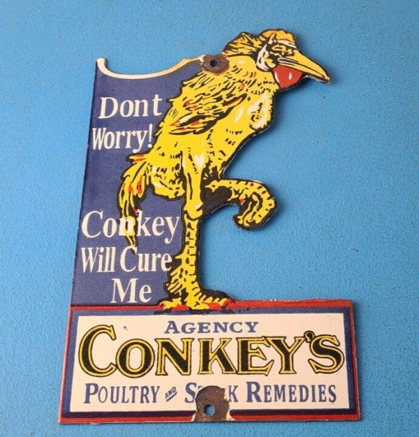 Vintage Poultry Breeding Sign Conkeys Feed Seed Farm Chick Gas Porcelain Sign 305764235354