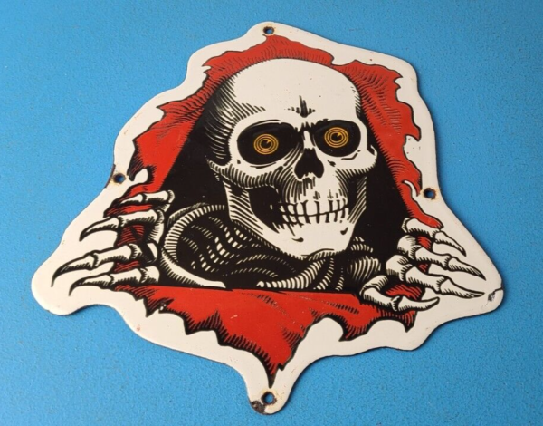 Vintage Powell Peralta Sign Skateboarding Bones Skull Hawk Gas Porcelain Sign 305760565024