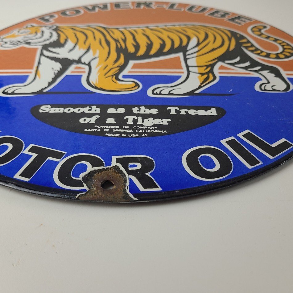 Vintage Power Lube Gasoline Sign - Tiger Motor Oil Gas Pump Ad Porcelain Sign - Image 11