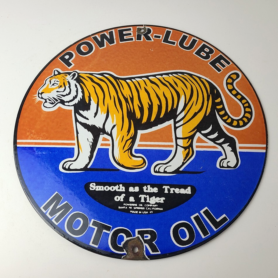 Vintage Power Lube Gasoline Sign - Tiger Motor Oil Gas Pump Ad Porcelain Sign - Image 12