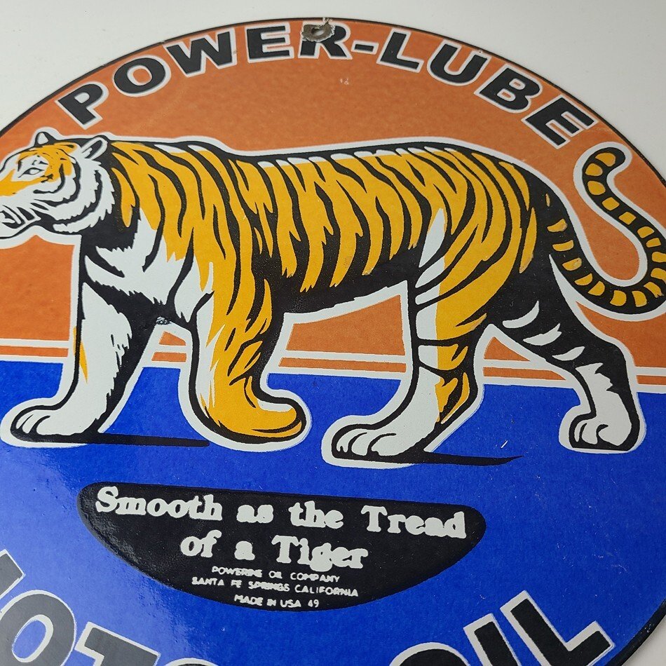 Vintage Power Lube Gasoline Sign - Tiger Motor Oil Gas Pump Ad Porcelain Sign - Image 4