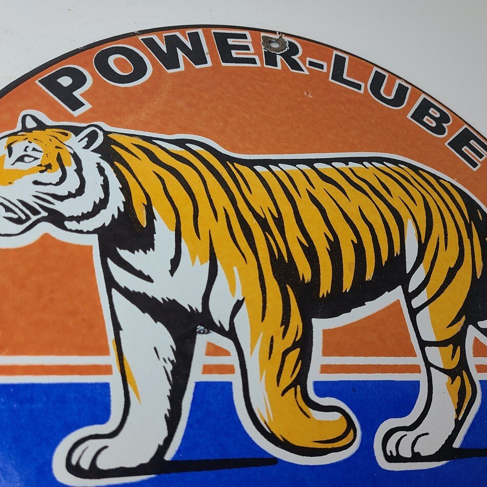 Vintage Power Lube Gasoline Sign - Tiger Motor Oil Gas Pump Ad Porcelain Sign - Image 5