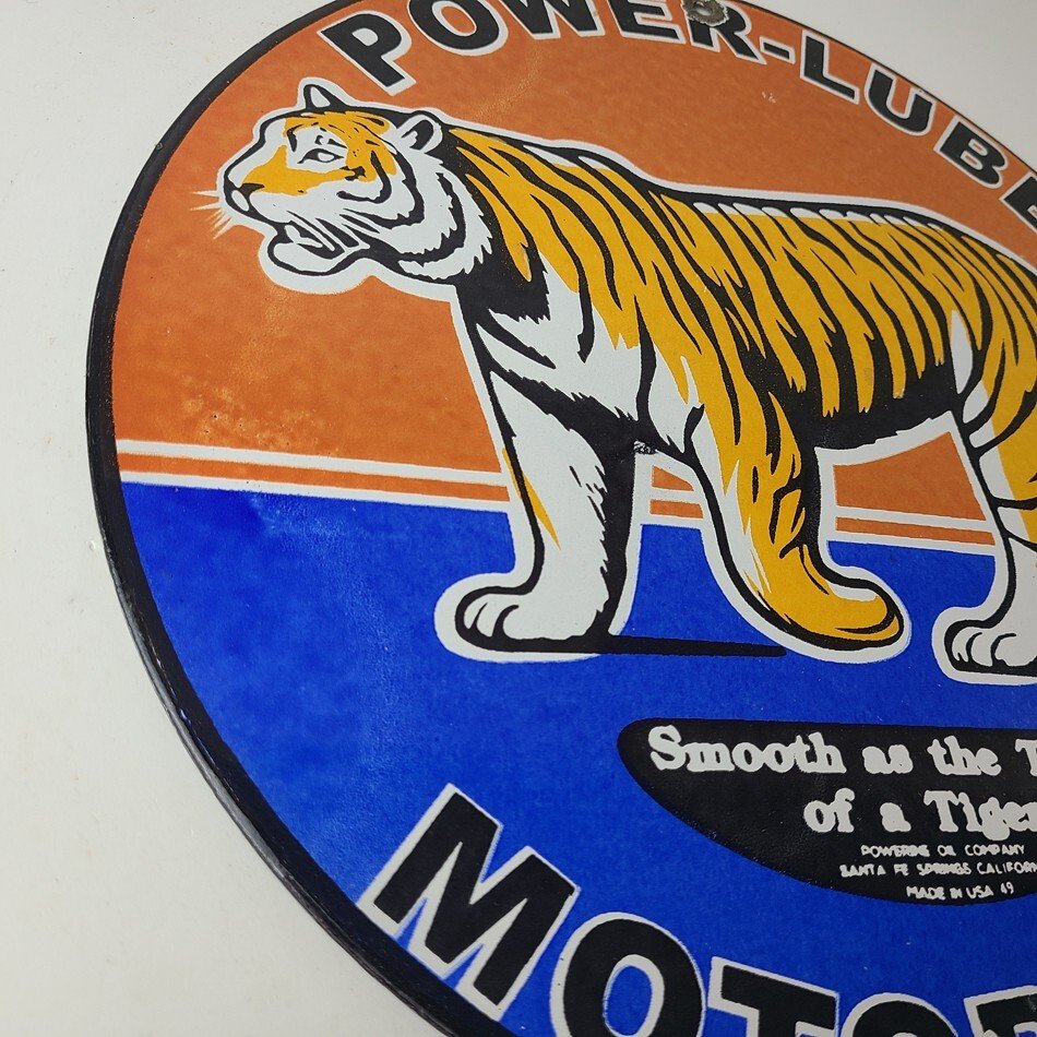 Vintage Power Lube Gasoline Sign - Tiger Motor Oil Gas Pump Ad Porcelain Sign - Image 6
