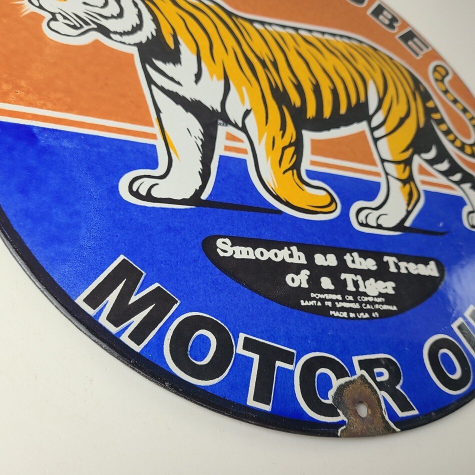 Vintage Power Lube Gasoline Sign - Tiger Motor Oil Gas Pump Ad Porcelain Sign - Image 7