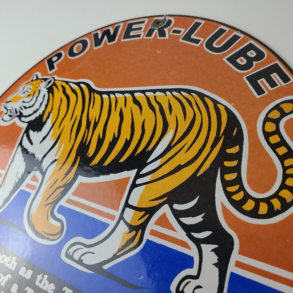 Vintage Power Lube Gasoline Sign - Tiger Motor Oil Gas Pump Ad Porcelain Sign - Image 8