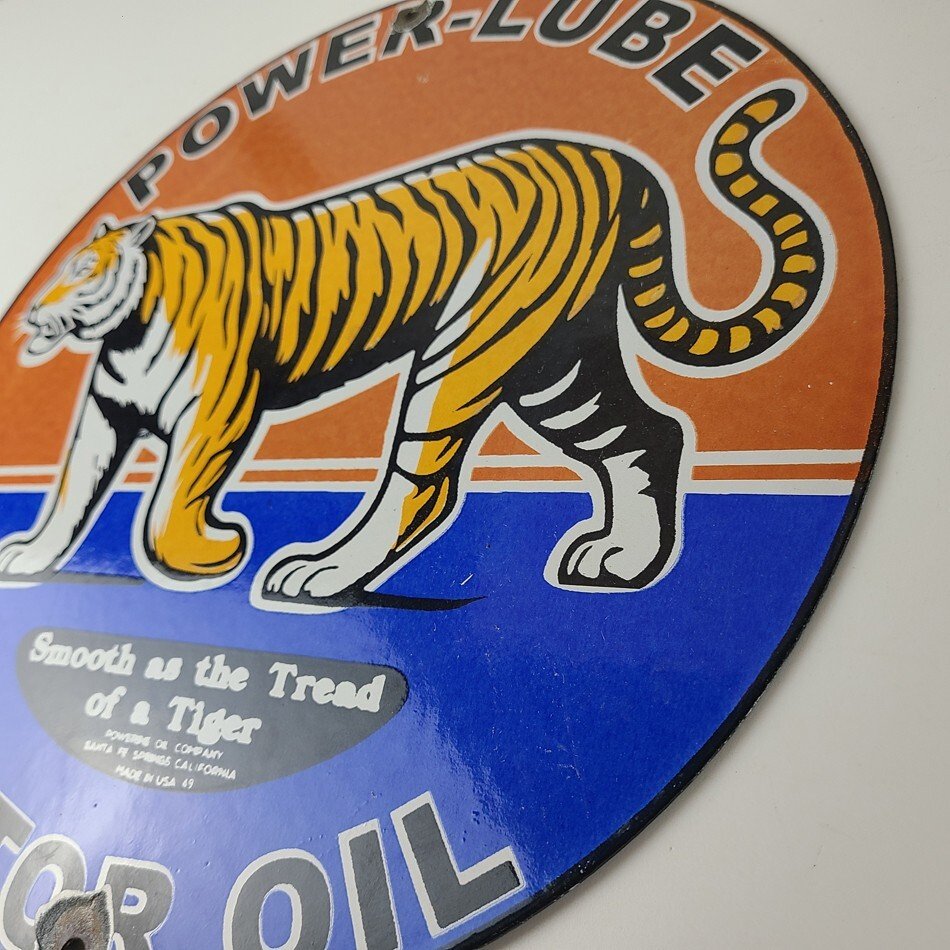 Vintage Power Lube Gasoline Sign - Tiger Motor Oil Gas Pump Ad Porcelain Sign - Image 9