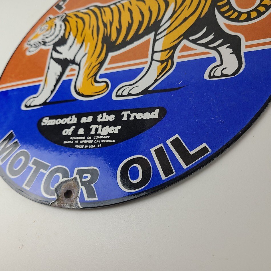 Vintage Power Lube Gasoline Sign - Tiger Motor Oil Gas Pump Ad Porcelain Sign - Image 10