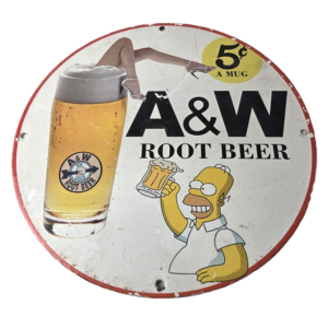 Vintage Root Beer Sign - A&W Beverage Homer Simpson Porcelain Gas Pump Sign