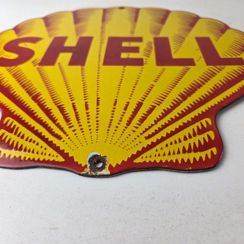Vintage Shell Gasoline Porcelain Sign - Classic Clam Shape Shell Logo Sign - Image 10