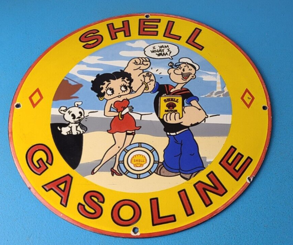 Vintage Shell Gasoline Sign Betty Boop Popeye Gas Oil Pump Porcelain Sign 305870036114