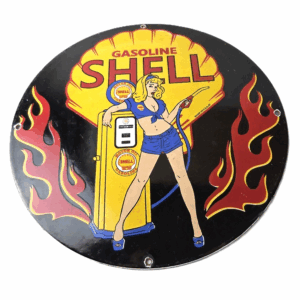 Vintage Shell Gasoline Sign - Gas Station Attendant Fill Up Pump Porcelain Sign