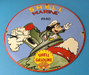 Vintage Shell Gasoline Sign Mickey Old Steamboat Gas Oil Pump Porcelain Sign 305870034424