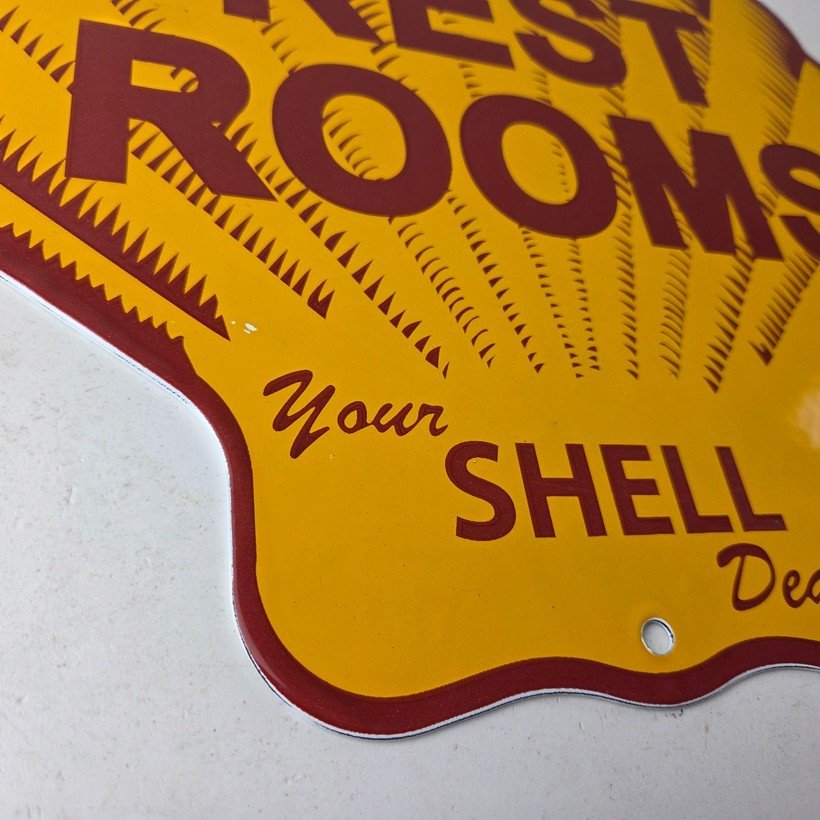 Vintage Shell Gasoline Sign - Rest Rooms Porcelain Gas Pump Plate Sign - Image 11