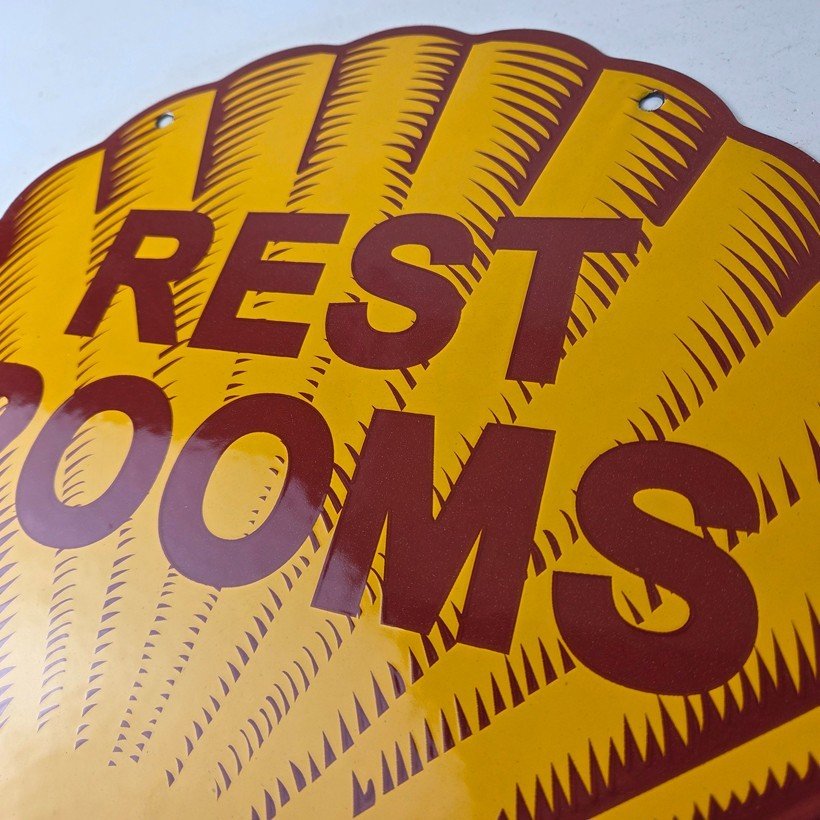 Vintage Shell Gasoline Sign - Rest Rooms Porcelain Gas Pump Plate Sign - Image 12