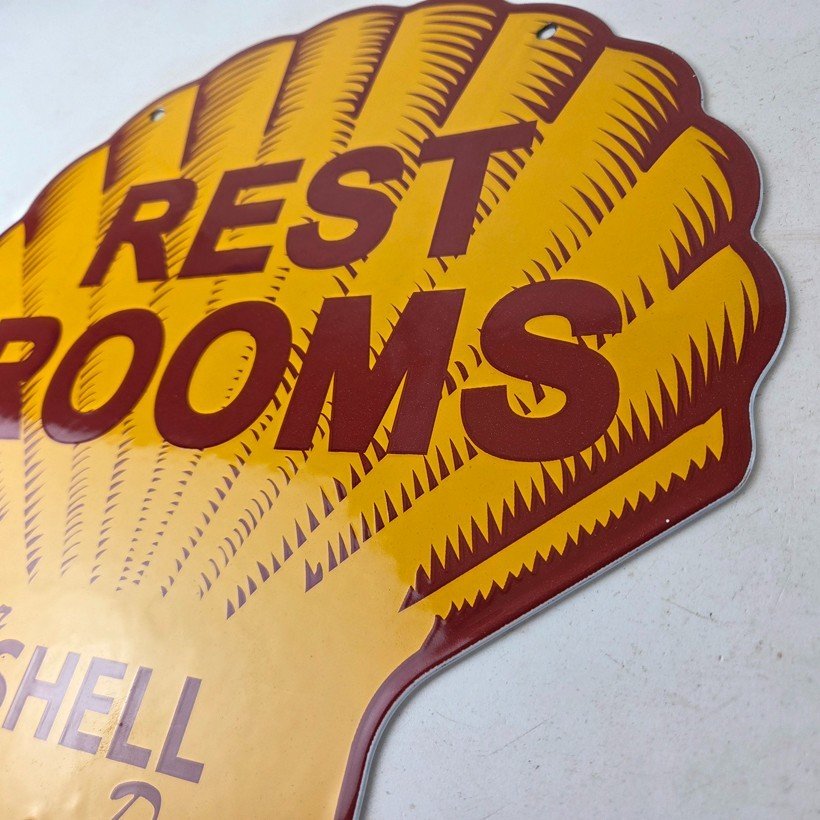 Vintage Shell Gasoline Sign - Rest Rooms Porcelain Gas Pump Plate Sign - Image 13