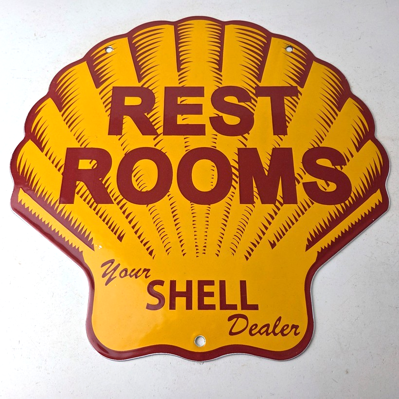 Vintage Shell Gasoline Sign - Rest Rooms Porcelain Gas Pump Plate Sign - Image 15