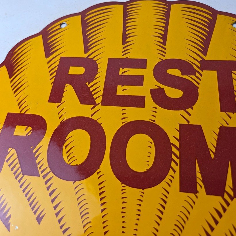 Vintage Shell Gasoline Sign - Rest Rooms Porcelain Gas Pump Plate Sign - Image 3