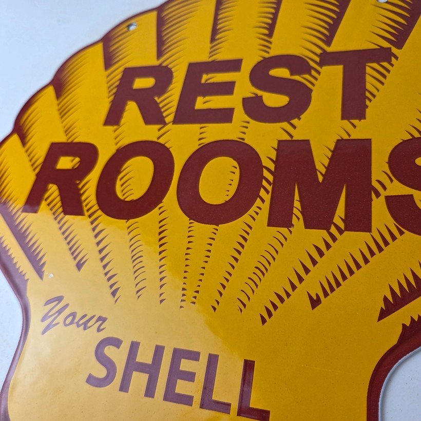 Vintage Shell Gasoline Sign - Rest Rooms Porcelain Gas Pump Plate Sign - Image 4