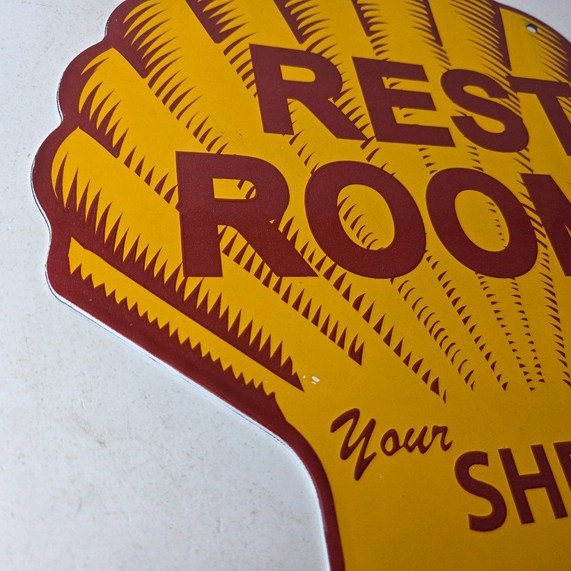 Vintage Shell Gasoline Sign - Rest Rooms Porcelain Gas Pump Plate Sign - Image 6