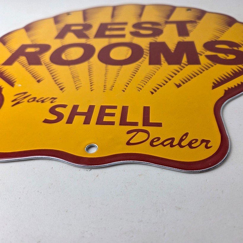 Vintage Shell Gasoline Sign - Rest Rooms Porcelain Gas Pump Plate Sign - Image 10