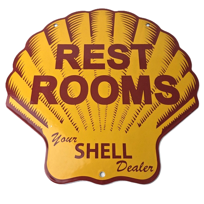 Vintage Shell Gasoline Sign - Rest Rooms Porcelain Gas Pump Plate Sign