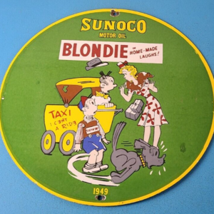 Vintage Sunoco Gasoline Porcelain Sign - Comic Book Gas Pump Plate Ad Sign