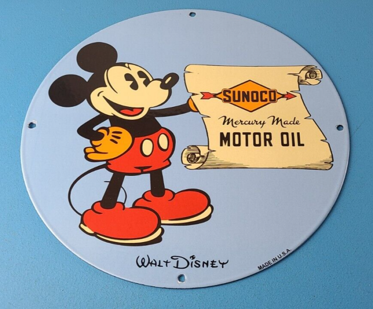 Vintage Sunoco Gasoline Porcelain Sign Walt Disney Mickey Mouse Gas Pump Sign 306058536554