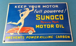 Vintage Sunoco Mercury Made Sign Auto Gas Pump Plate Porcelain Motor Oil Sign 305891056344