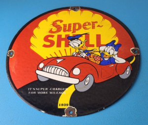 Vintage Super Shell Gasoline Sign Walt Disney Old Automobile Car Gas Pump Sign 305870035904