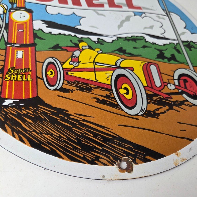 Vintage Super Shell Racing Gasoline Sign - Finish Line Gas Pump Porcelain Sign - Image 11