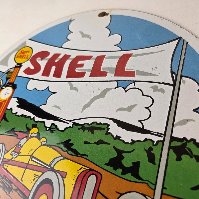 Vintage Super Shell Racing Gasoline Sign - Finish Line Gas Pump Porcelain Sign - Image 12