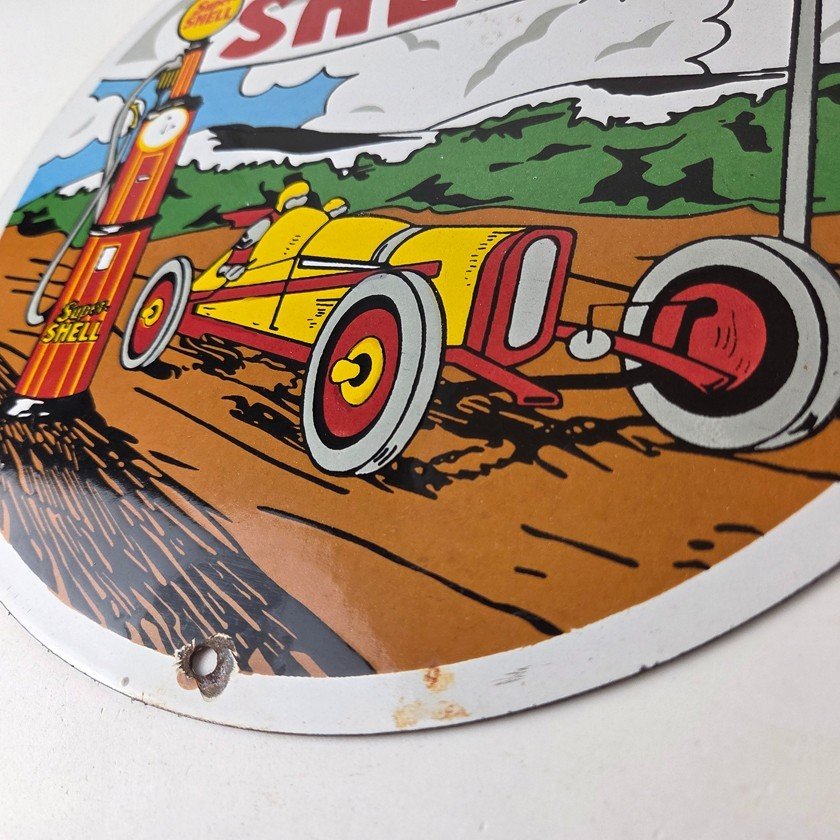 Vintage Super Shell Racing Gasoline Sign - Finish Line Gas Pump Porcelain Sign - Image 14