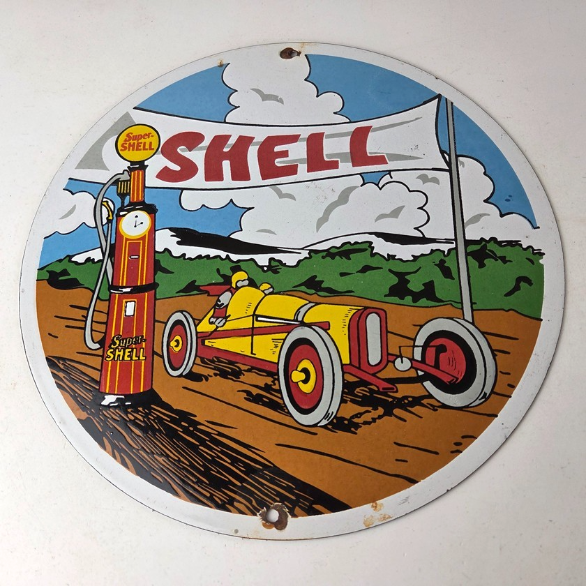 Vintage Super Shell Racing Gasoline Sign - Finish Line Gas Pump Porcelain Sign - Image 15