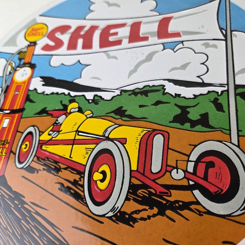 Vintage Super Shell Racing Gasoline Sign - Finish Line Gas Pump Porcelain Sign - Image 4