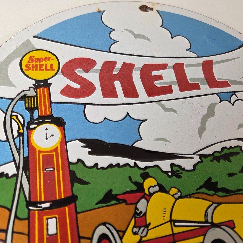 Vintage Super Shell Racing Gasoline Sign - Finish Line Gas Pump Porcelain Sign - Image 5