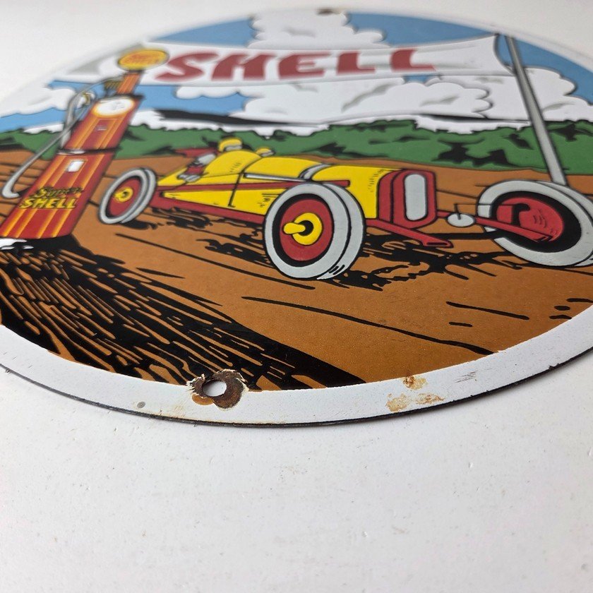 Vintage Super Shell Racing Gasoline Sign - Finish Line Gas Pump Porcelain Sign - Image 10