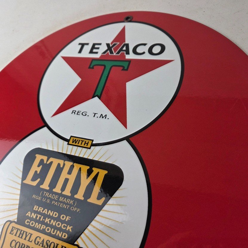 Vintage Texaco Ethyl Gasoline Porcelain Sign - Red Star Anti-Knock Sign - Image 12