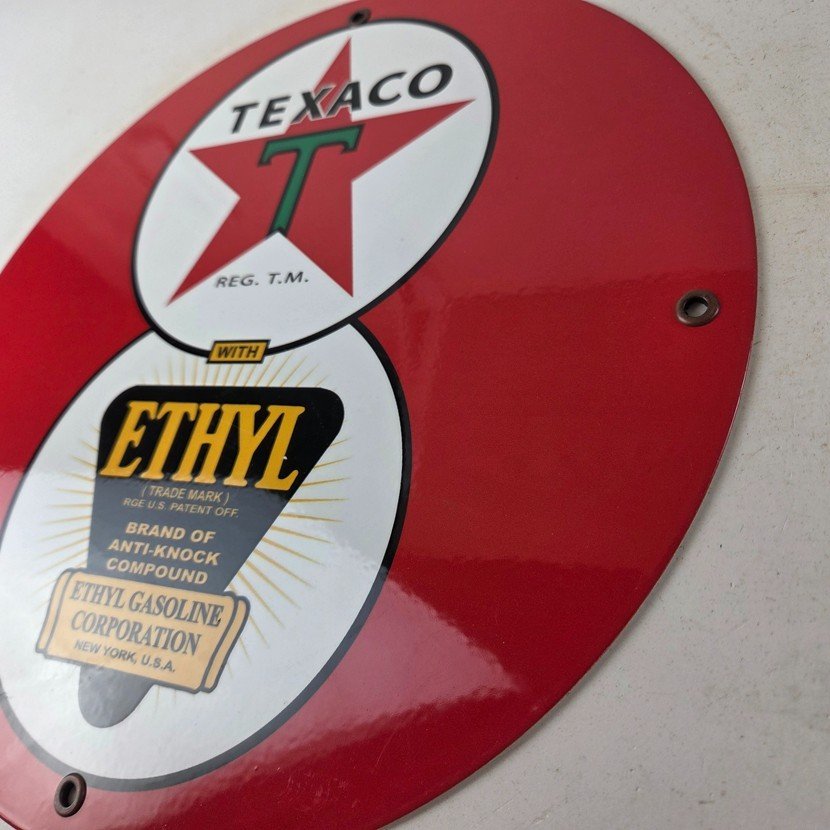 Vintage Texaco Ethyl Gasoline Porcelain Sign - Red Star Anti-Knock Sign - Image 13