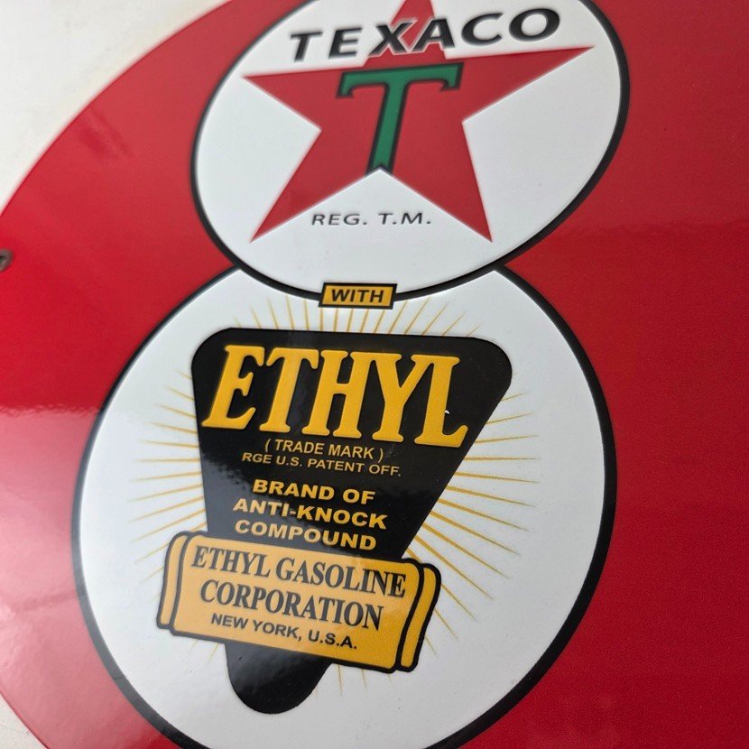 Vintage Texaco Ethyl Gasoline Porcelain Sign - Red Star Anti-Knock Sign - Image 4