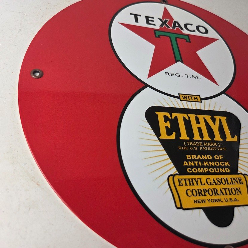 Vintage Texaco Ethyl Gasoline Porcelain Sign - Red Star Anti-Knock Sign - Image 6