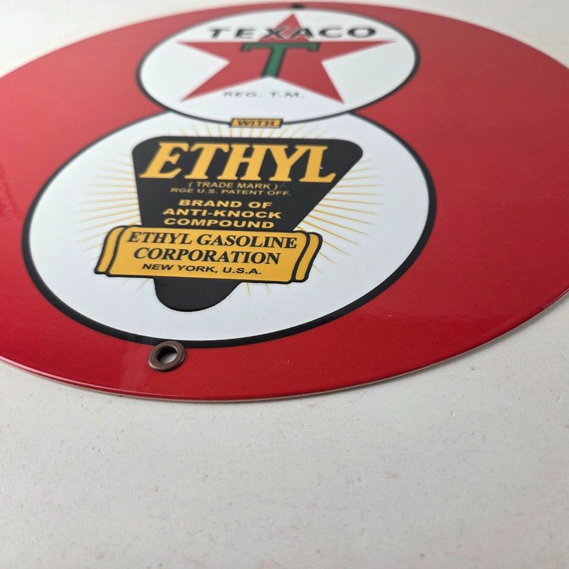 Vintage Texaco Ethyl Gasoline Porcelain Sign - Red Star Anti-Knock Sign - Image 10