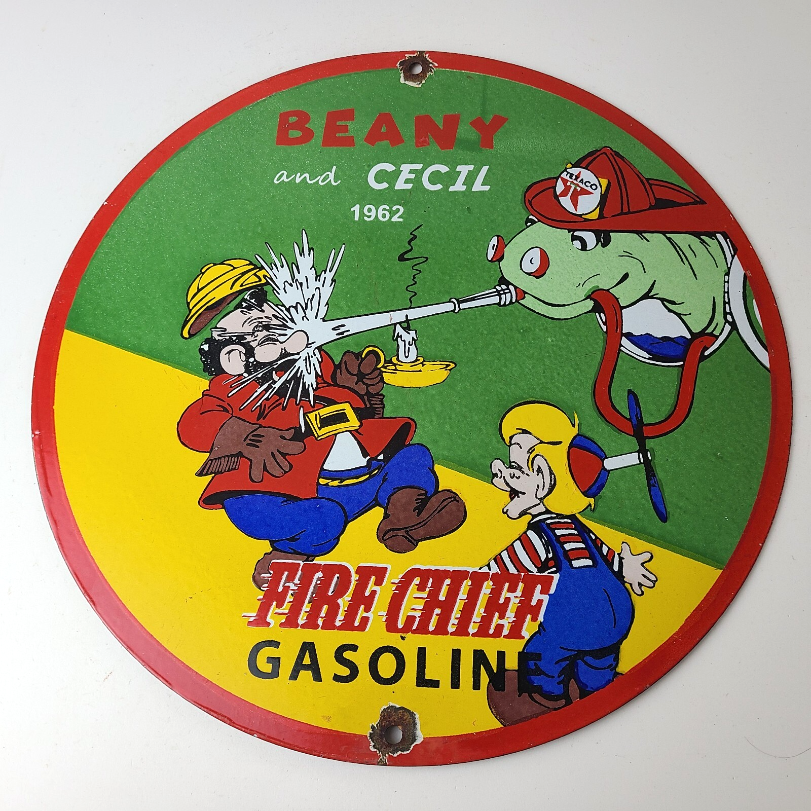 Vintage Texaco Gasoline Porcelain Sign - Firefighter Cecil Gas Pump Plate Sign - Image 12