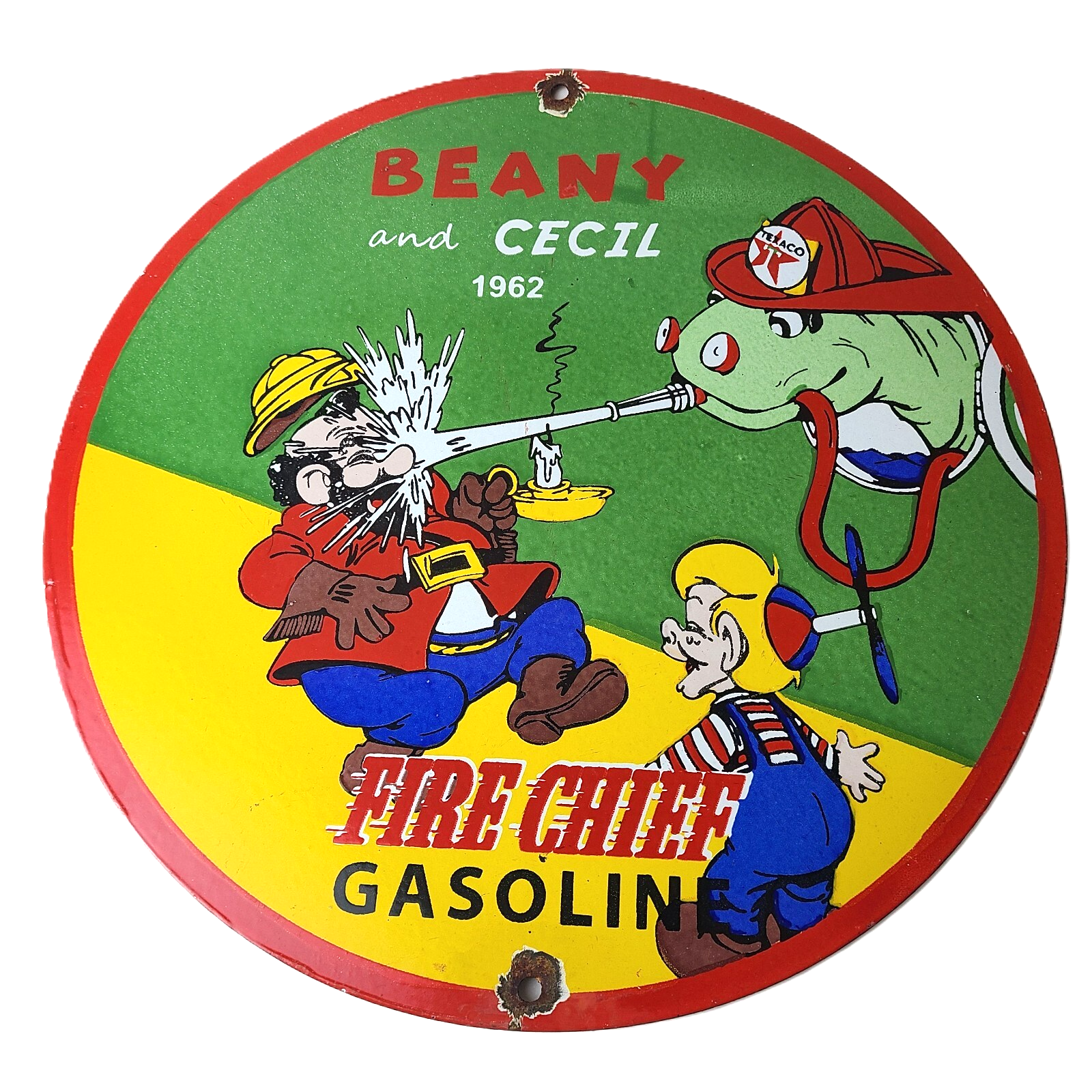 Vintage Texaco Gasoline Porcelain Sign - Firefighter Cecil Gas Pump Plate Sign