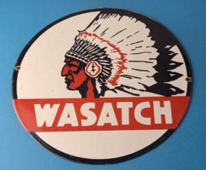 Vintage Wasatch Porcelain Sign American Indian Gas Pump Plate Service Sign 305874293894