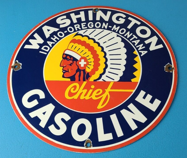 Vintage Washington Gasoline Sign Indian Chief Gas Porcelain Service Pump Sign 305743209144